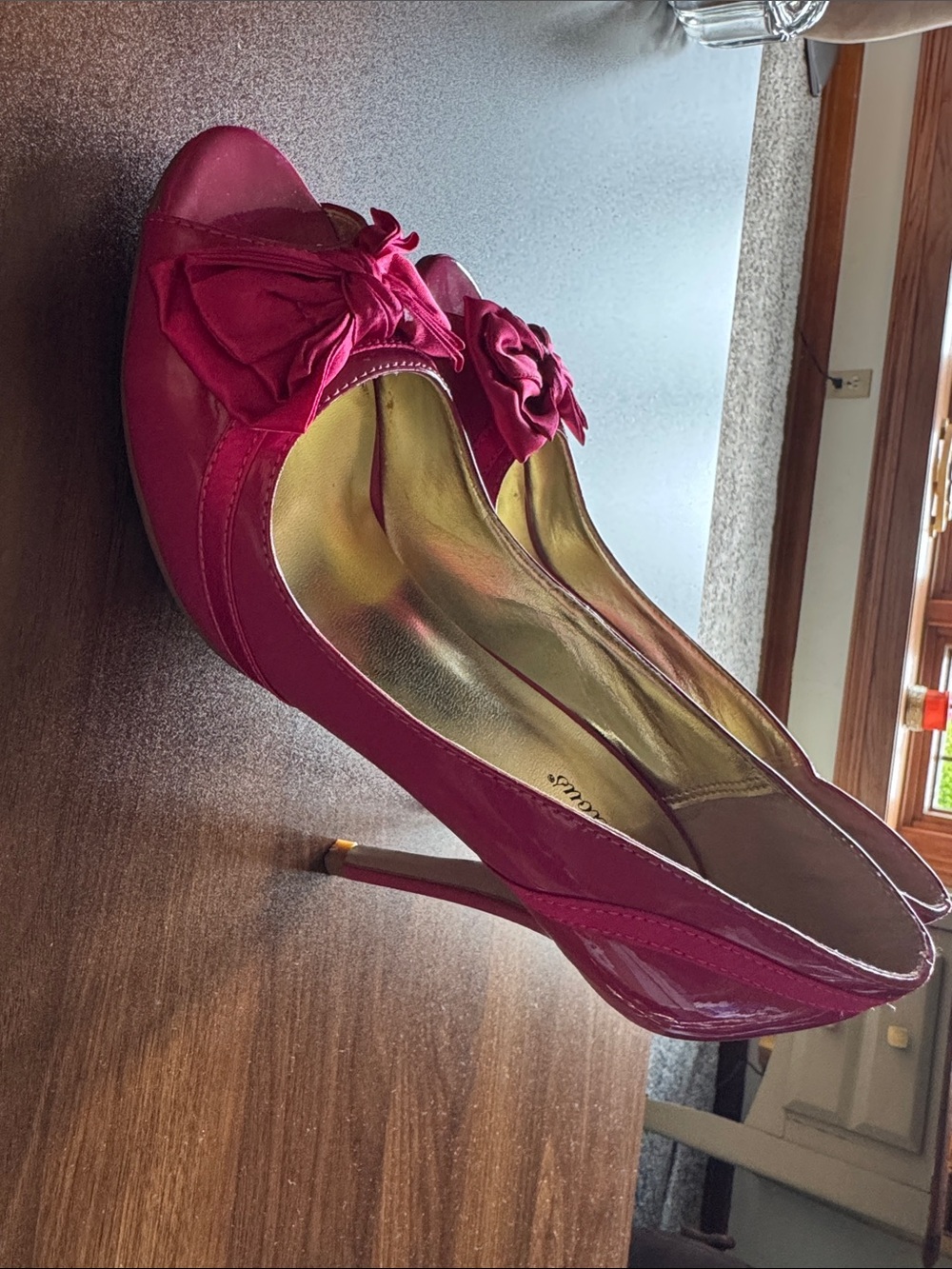 Delicious Hot Pink Patent Peep-Toe Heels with Bow Accent - Picture 3 of 9